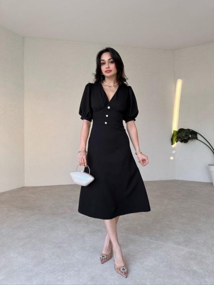 Siyah İnci Düğme Detaylı Yarım Kol Midi GABRİEL Elbise