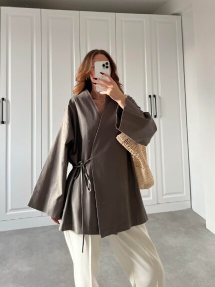 Antrasit Yandan Bağlamalı Gabardin Kimono Ceket