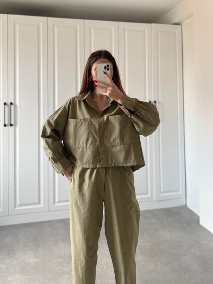 Haki Poplin Crop Gömlek Takım