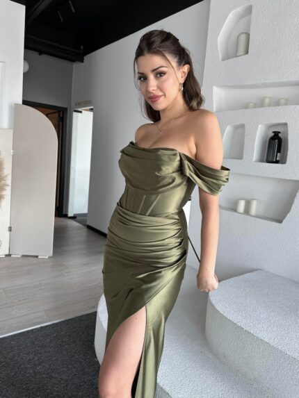 Omuz Ve Sırt Detaylı Rima Örme Saten Düz Abiye Elbise - Haki